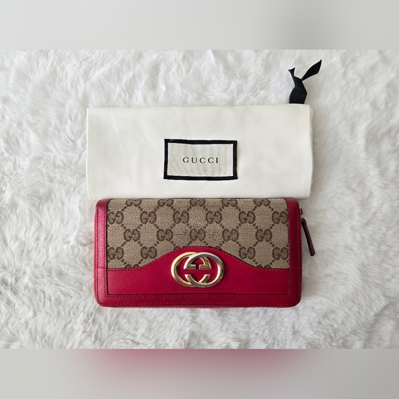 Gucci Red Leather and GG Canvas Zip-Around Long Wallet - Picture 2 of 15